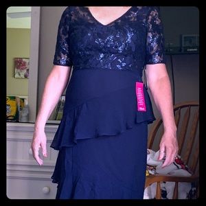 Adrianna Papell Long Navy Sequined Tiered Gown